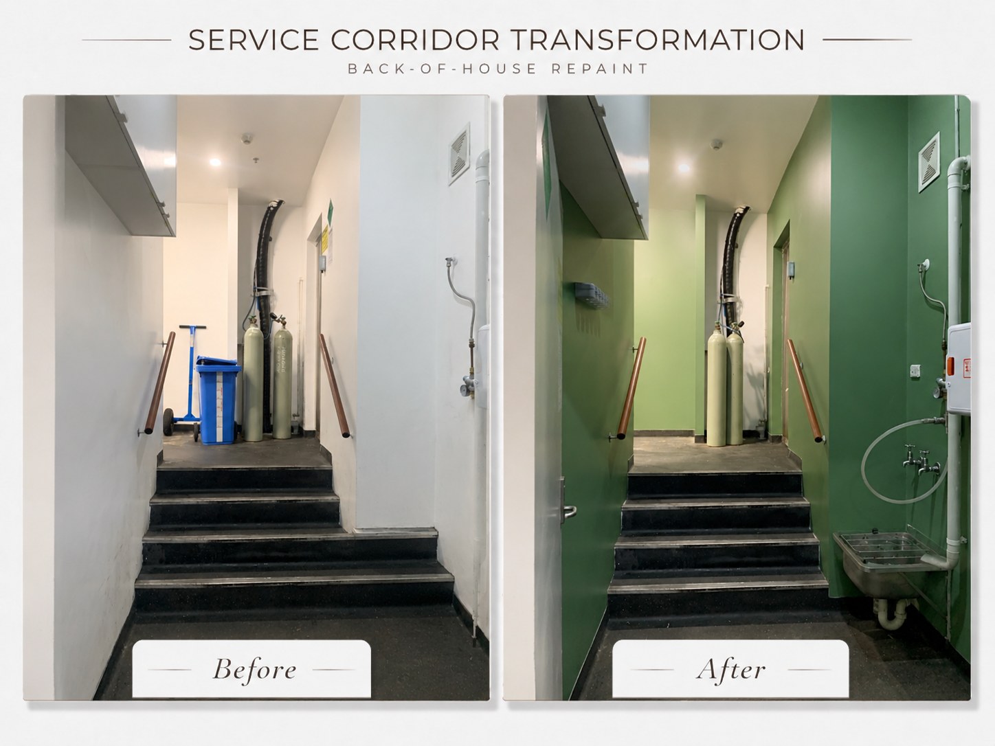 Service corridor before and after transformation